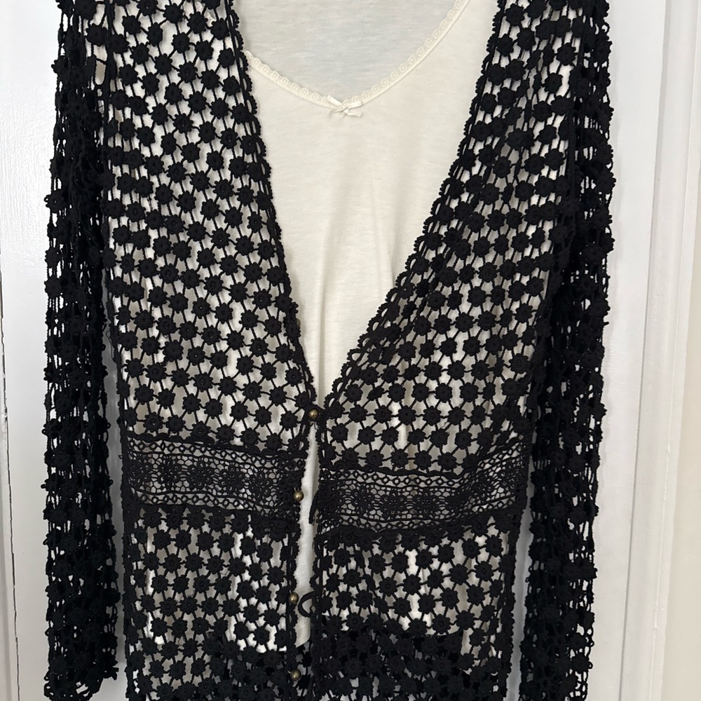 Black Crochet Openwork Women's Sweater Cardigan